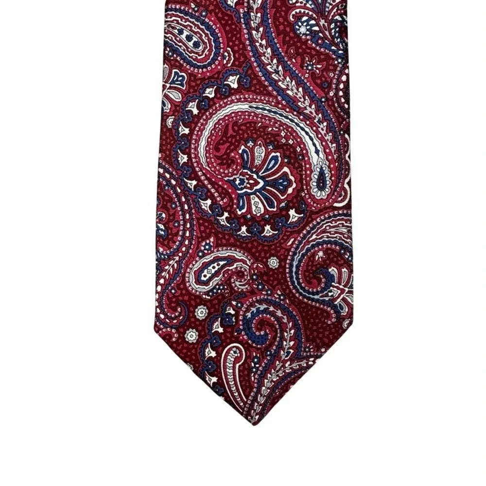 Jos. A. Bank Mens Silk Paisley Necktie Burgundy Red Navy Blue White 59 Inch